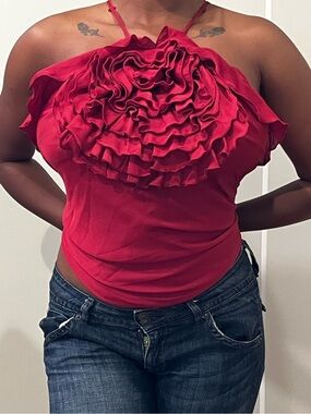 Vintage Y2K silk red ruffle halter top